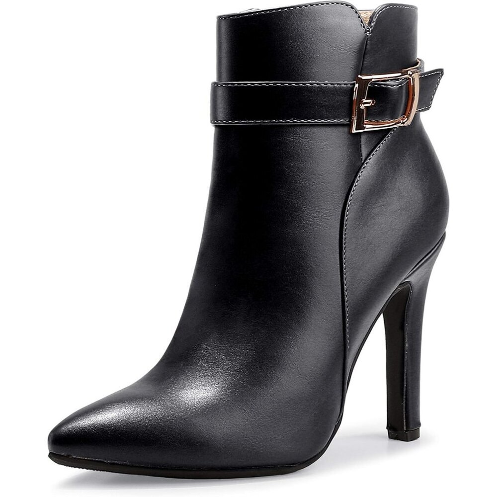 Women's Black Pointed Toe Stiletto High Heel Ankle Boot Side Zipper Metal Buckle